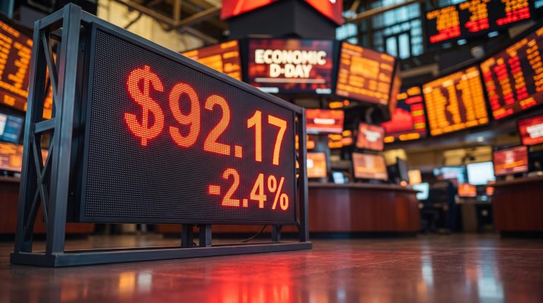 Brent crude ticker showing $92.17 and -2.4% on a trading floor as Iran sanctions oil prices drop on Bessent announcement