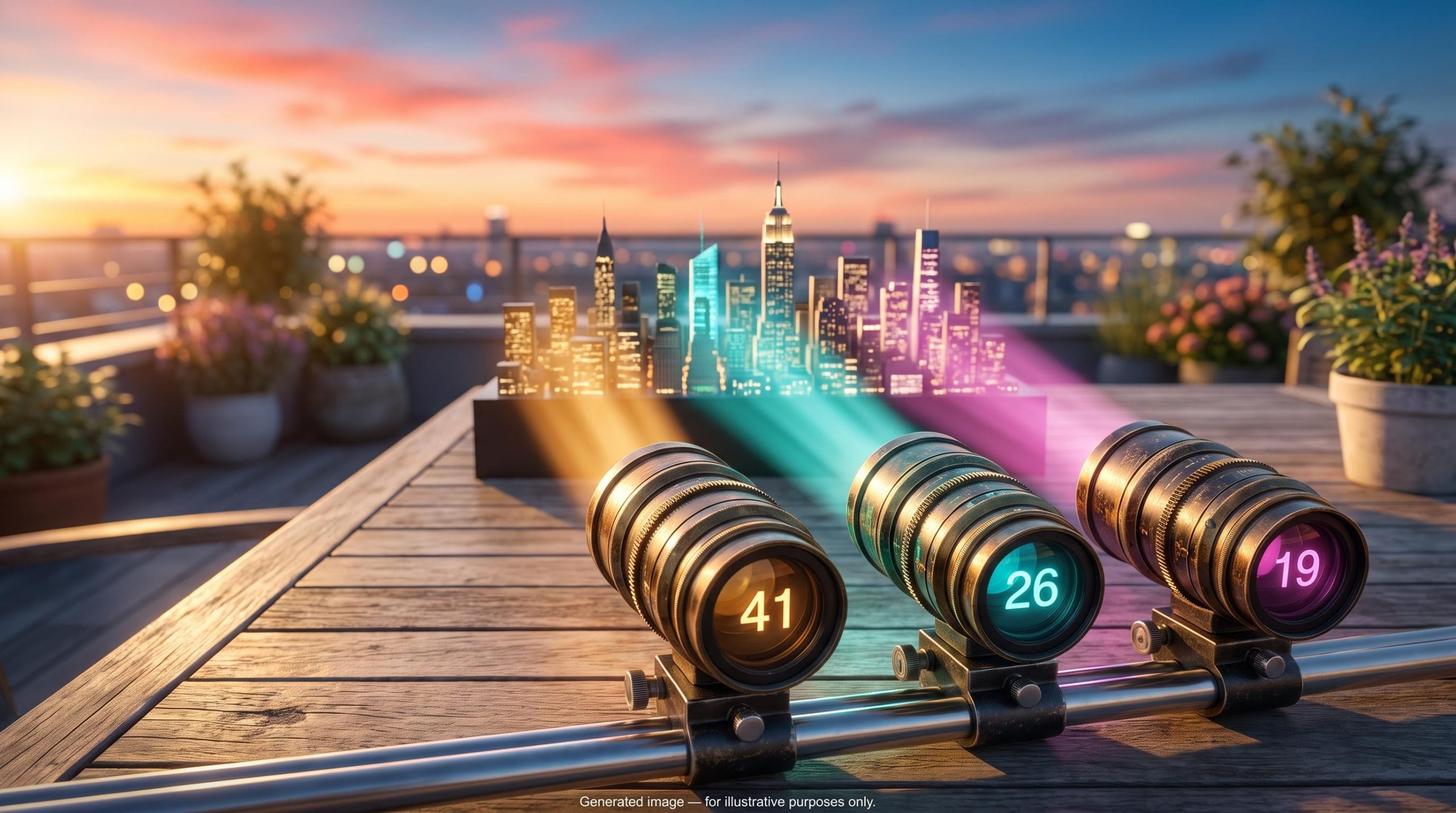Three camera lenses viewing one skyline with 41, 26 and 19 readings, asking is the S&P 500 expensive