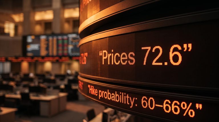 ISM Services PMI Prices index at 72.6 on trading terminal as Fed rate hike probability surges above 60%