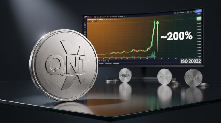 QNT coin in sharp focus against ISO 20022 altcoin rally chart showing ~200% surge with peripheral tokens receding