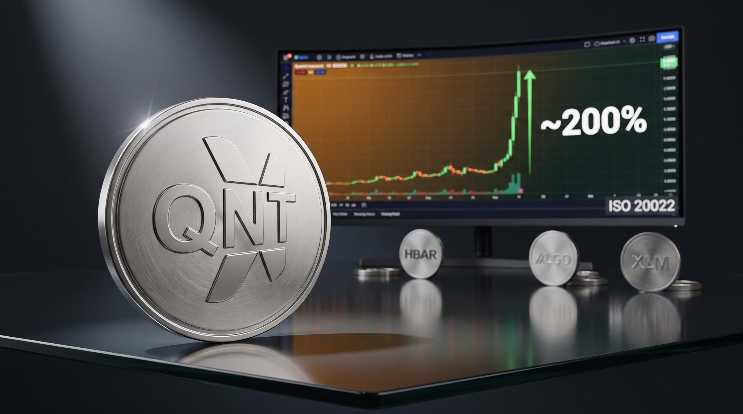 QNT coin in sharp focus against ISO 20022 altcoin rally chart showing ~200% surge with peripheral tokens receding