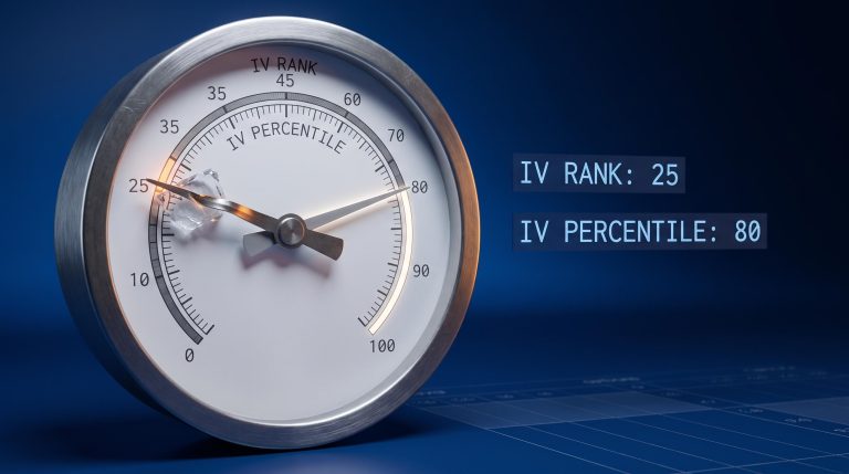 Precision gauge showing IV Rank needle warped by a spike while IV Percentile reads 80 — options volatility metrics compared