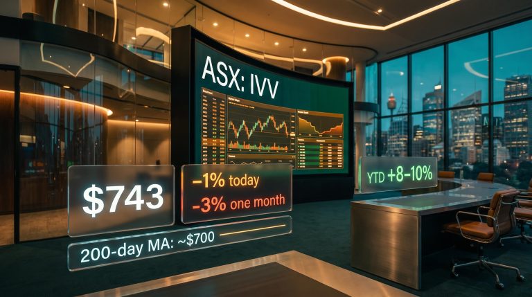 IVV ETF trading screen showing $743 price, –1% daily and –3% monthly moves against Sydney trading floor