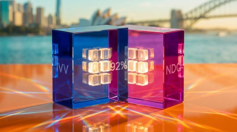 IVV vs NDQ shown as two glass prisms sharing one core of holdings, with a 92% overlap figure etched at the centre