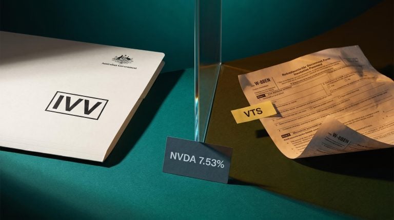 IVV vs VTS comparison — Australian tax folder beside a US W-8BEN form with NVDA 7.53% data point