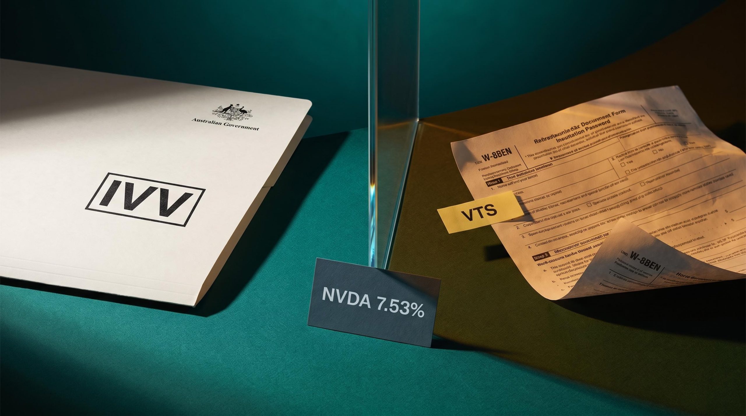 IVV vs VTS comparison — Australian tax folder beside a US W-8BEN form with NVDA 7.53% data point