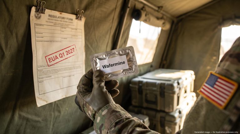 Military medic holds a Wafermine sublingual wafer pack beside an EUA Q1 2027 stamp, framing the iX Biopharma Wafermine investment