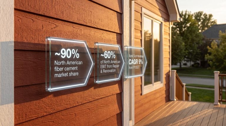 James Hardie fiber cement siding close-up with 90% market share and Azek CAGR data overlays on premium home exterior