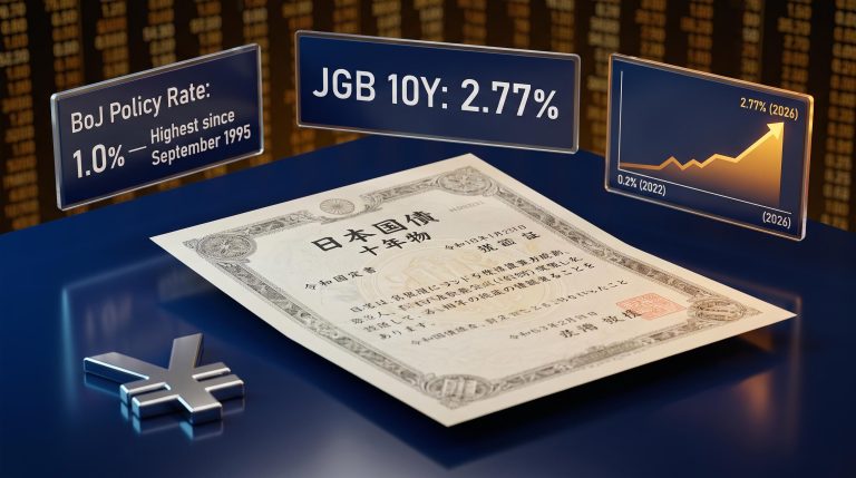 Japan 10-year JGB yield climbing to 2.77% shown on bond market data panels amid BoJ policy normalisation