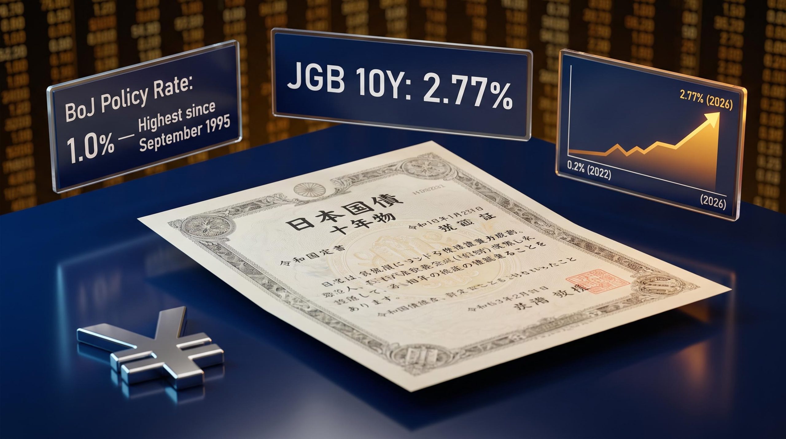 Japan 10-year JGB yield climbing to 2.77% shown on bond market data panels amid BoJ policy normalisation