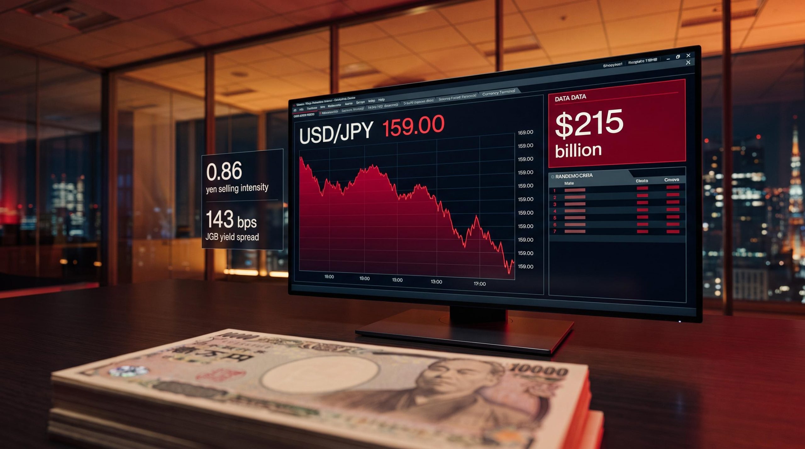 USD/JPY at 159.00 on a trading screen with $215 billion Japan currency intervention data overlaid
