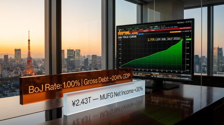 JGB yield curve terminal showing 2.7% with BoJ rate 1.00% and megabank earnings data overlaid against Tokyo skyline