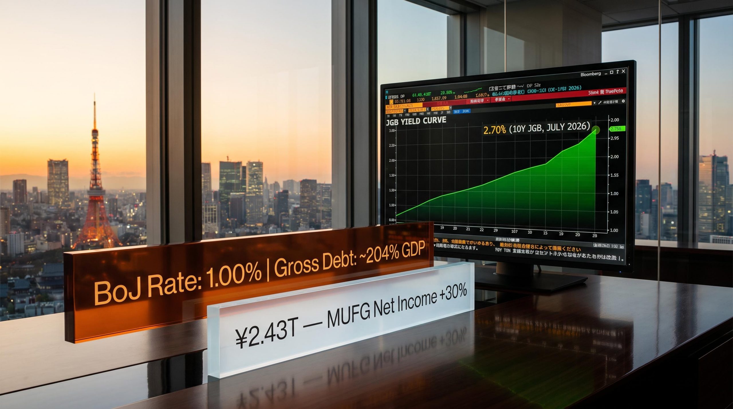 JGB yield curve terminal showing 2.7% with BoJ rate 1.00% and megabank earnings data overlaid against Tokyo skyline