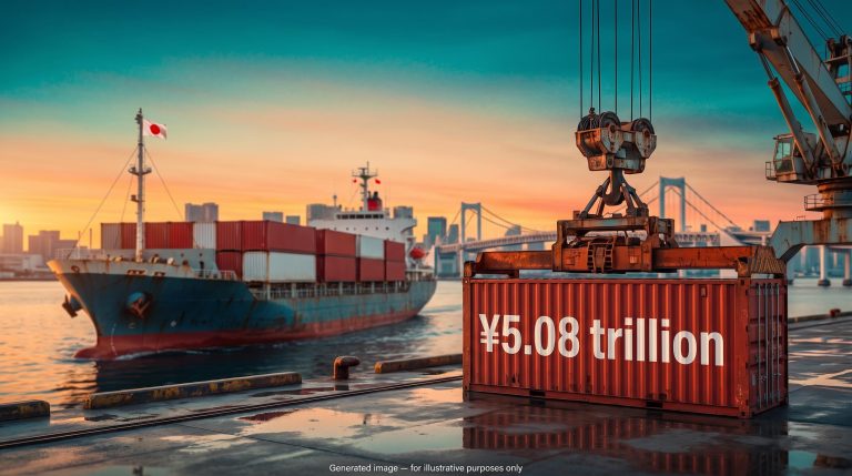 Container ship heading home to Tokyo with ¥5.08 trillion on a container, showing Japanese investors selling foreign bonds
