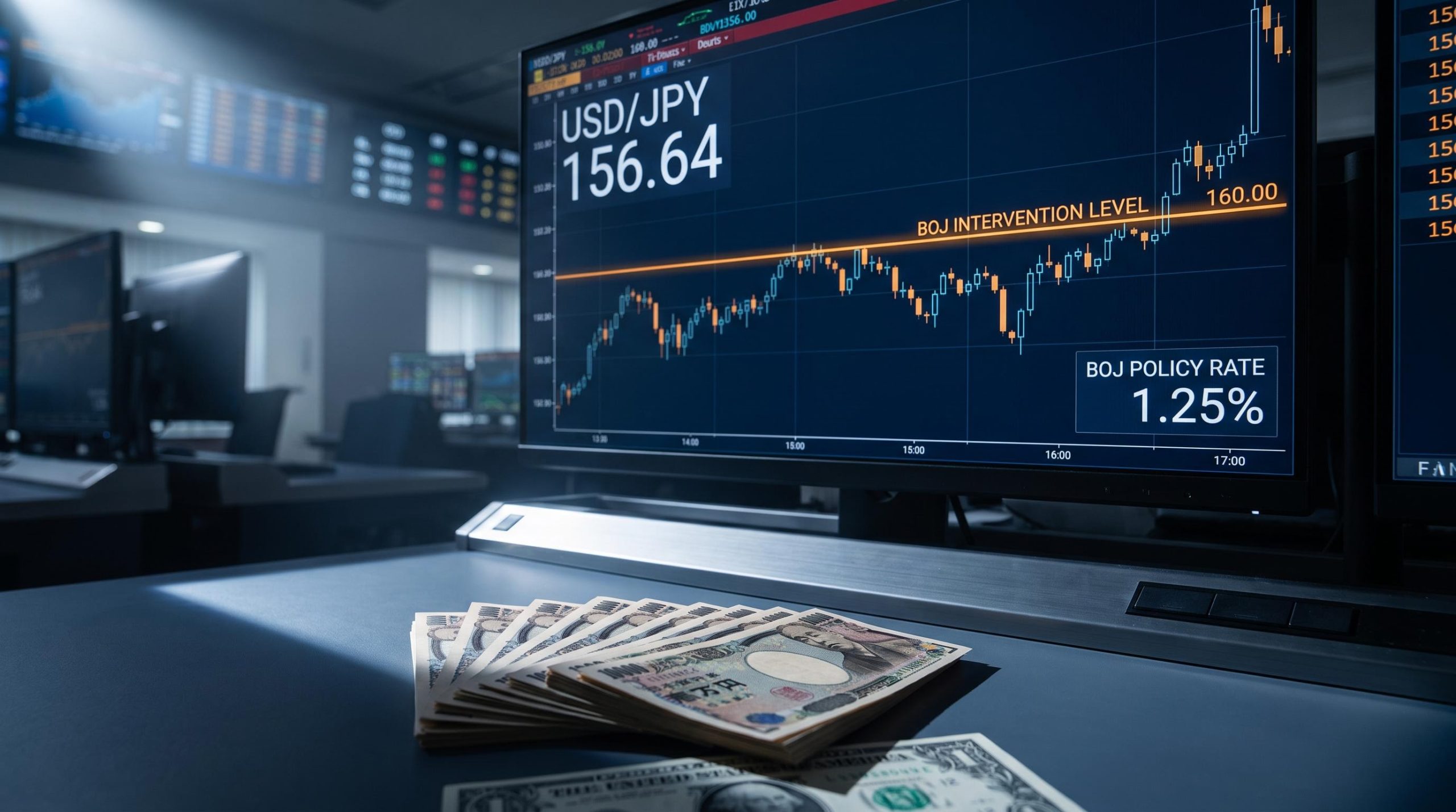 USD/JPY at 156.64 on Tokyo trading terminal as Japan yen intervention pressure builds at 160 threshold