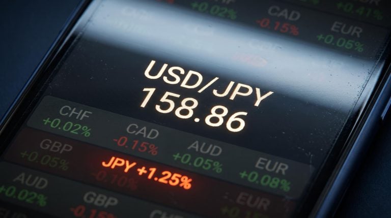 FX terminal showing USD/JPY at 158.86 as Japanese yen rally isolates yen as outlier against mixed dollar