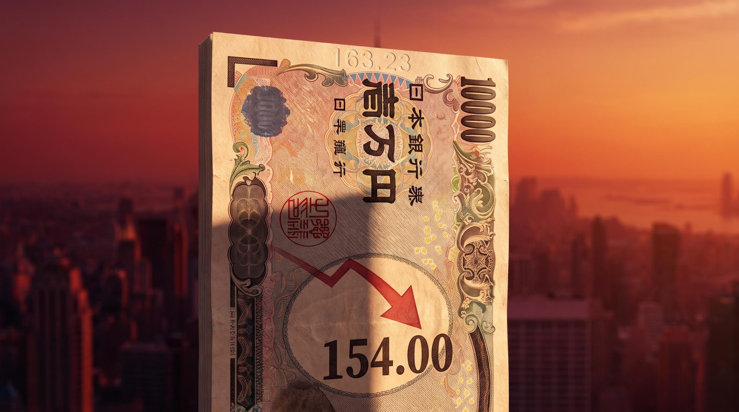 Japanese yen banknote rising against amber sky as USD/JPY reverses from 163.23 to 154.00 on BoJ policy shift