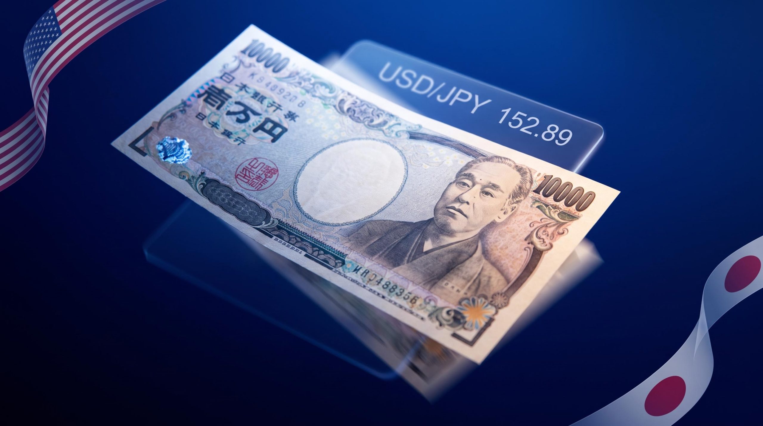 Japanese yen banknote reversing upward with USD/JPY 152.89 displayed, illustrating the 2026 Japanese yen surge