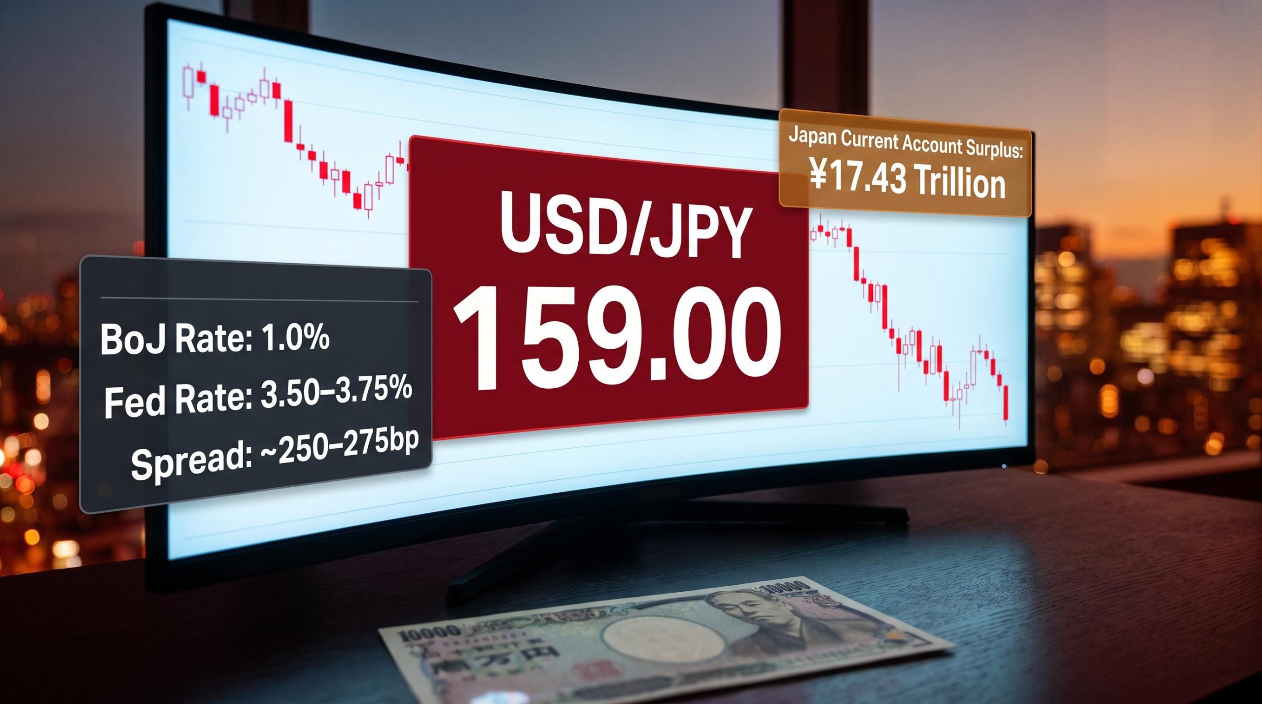 USD/JPY trading terminal showing 159.00 with BoJ 1.0% vs Fed 3.50–3.75% rate gap overlays
