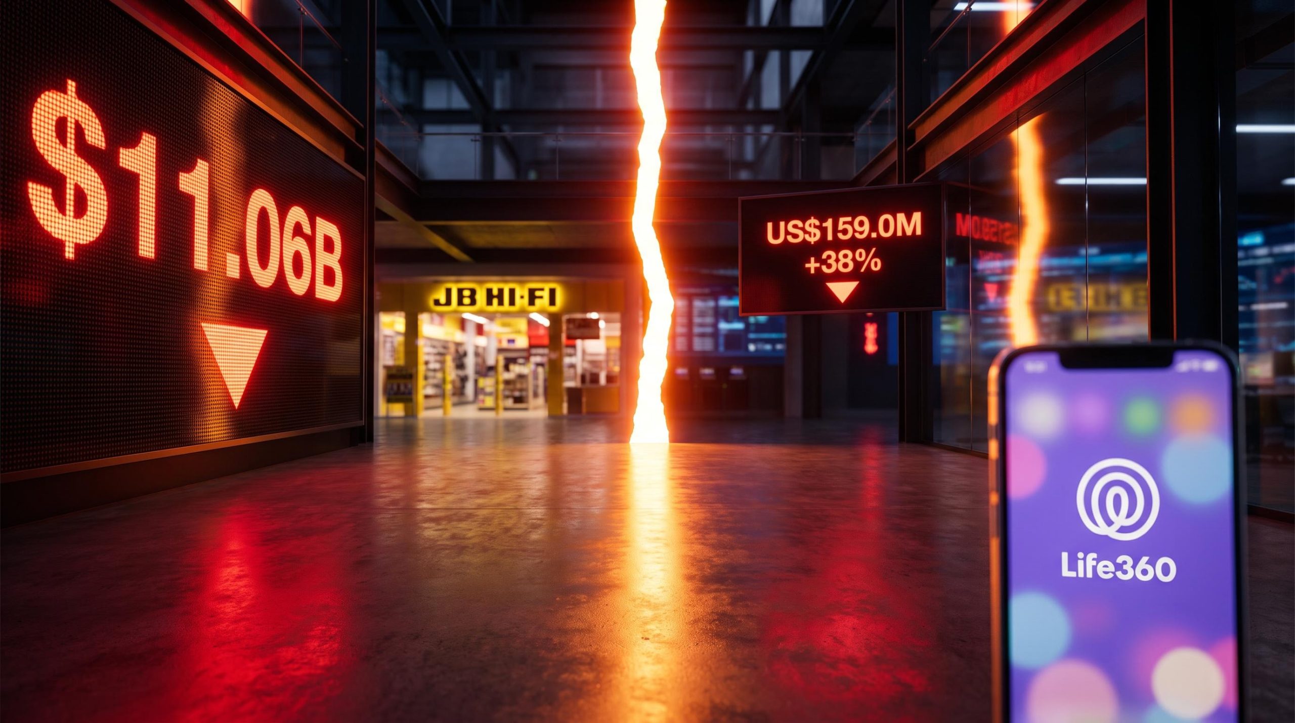 JB Hi-Fi and Life360 earnings results day selloffs analysed against ASX trading displays showing record figures