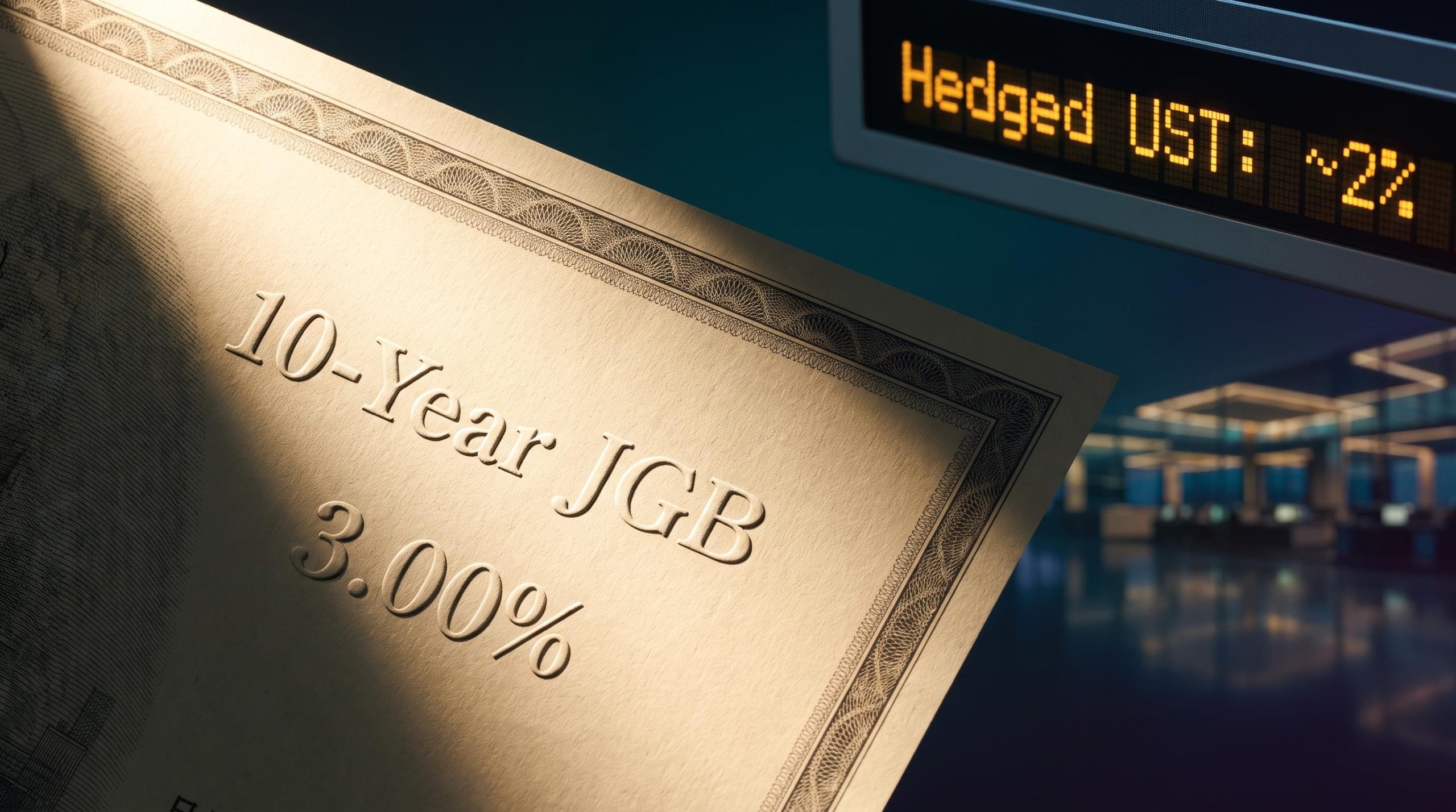 10-year JGB certificate showing 3% yield against a hedged US Treasury screen — Japanese capital flow analysis