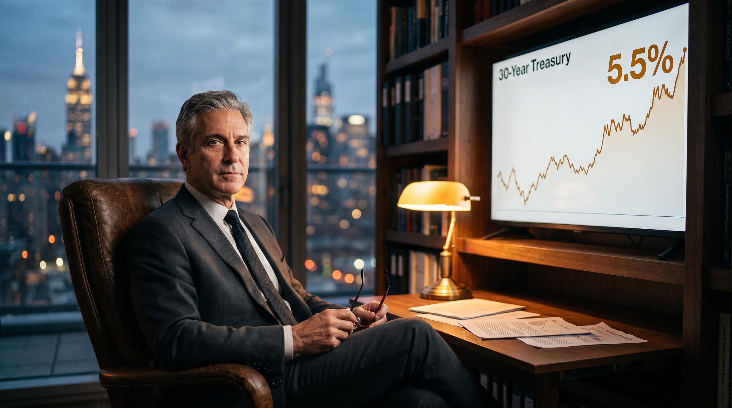 Jim Bianco at a research desk with a 30-year Treasury yield chart showing 5.5%, signalling his bullish bond pivot