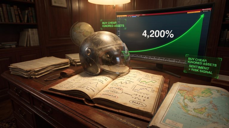 Jim Rogers investing framework visualised through research journal, commodity charts, and 4,200% Quantum Fund return on trading terminal