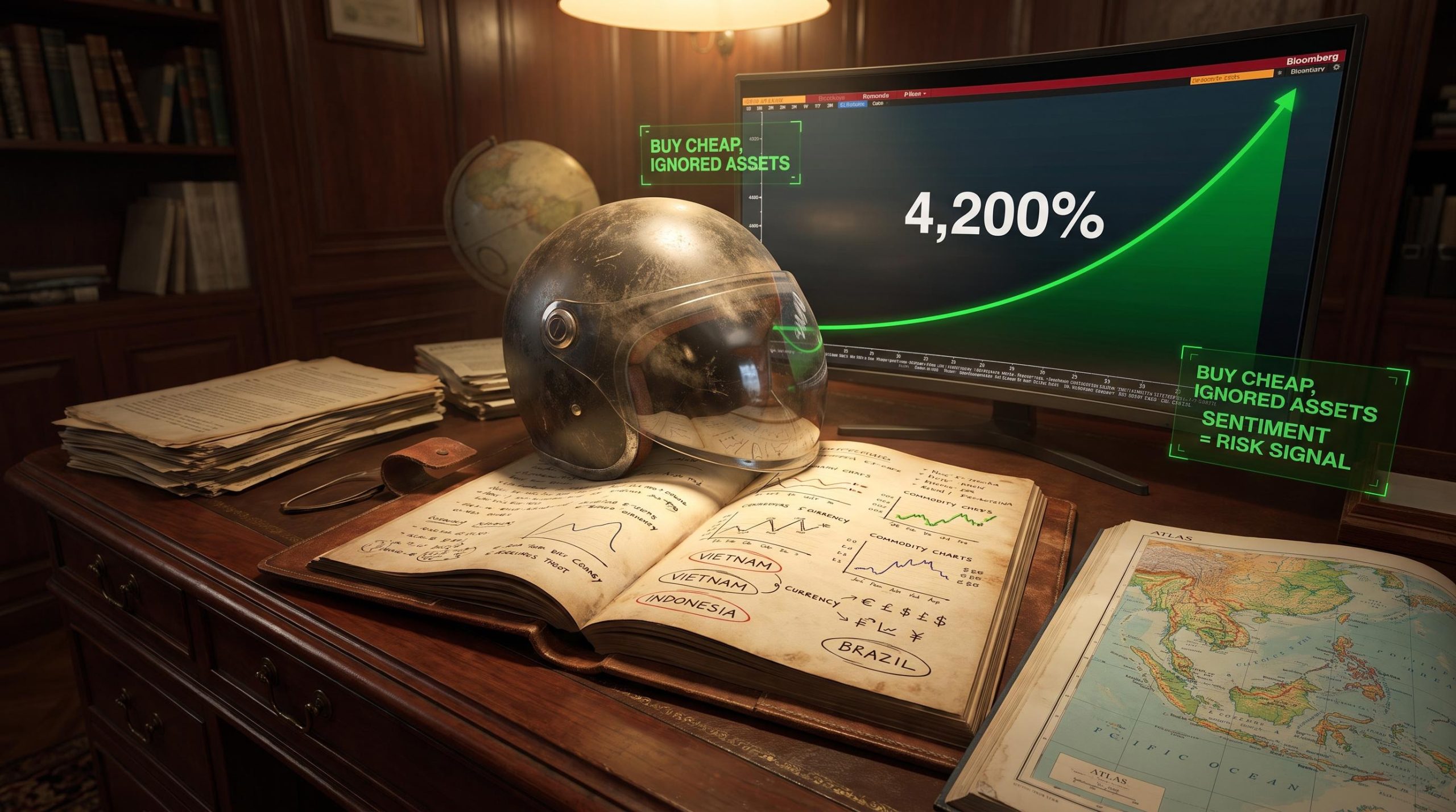 Jim Rogers investing framework visualised through research journal, commodity charts, and 4,200% Quantum Fund return on trading terminal