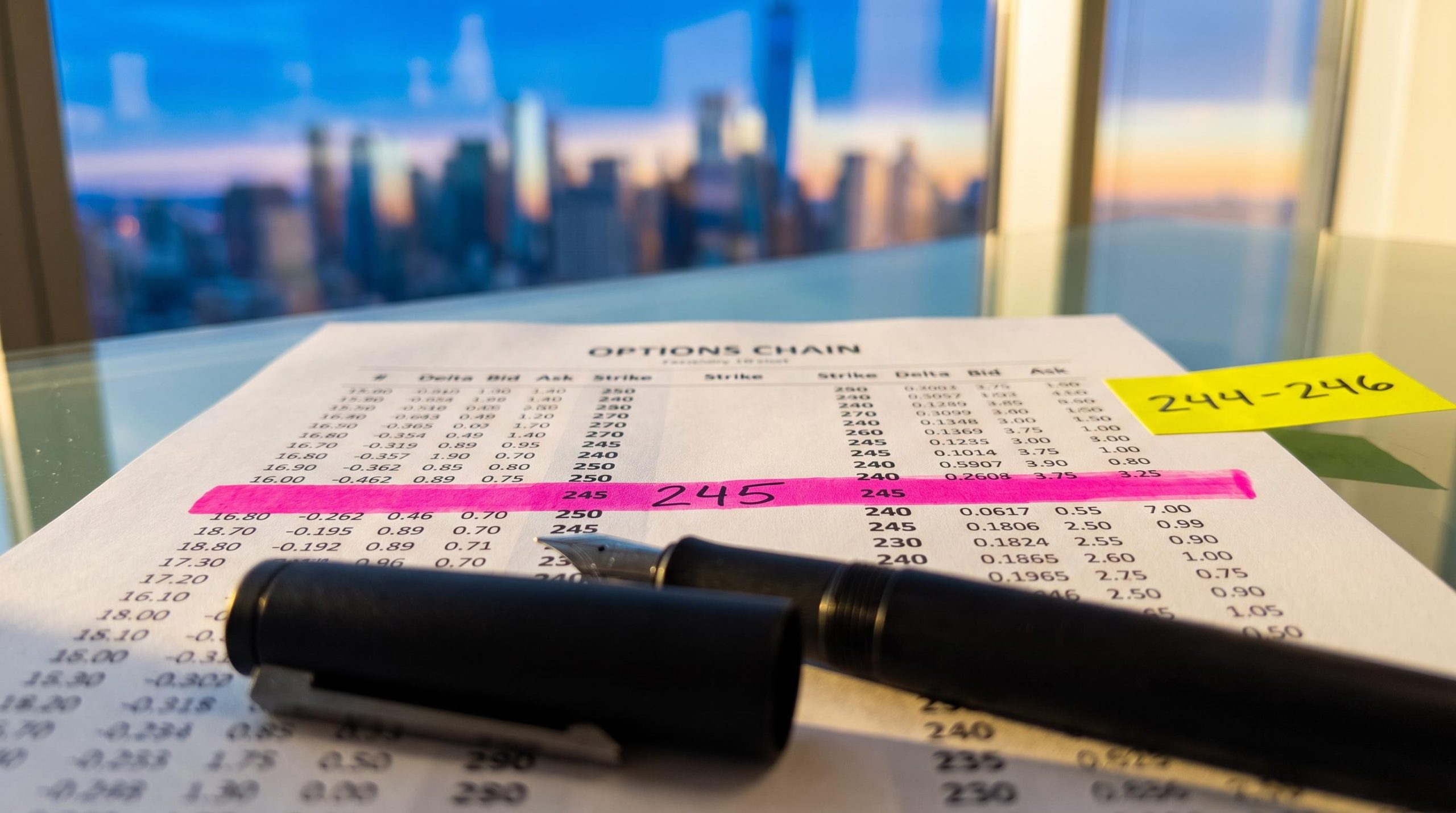 Options chain printout with a missing 245 strike highlighted, illustrating options trading decision making on JNJ