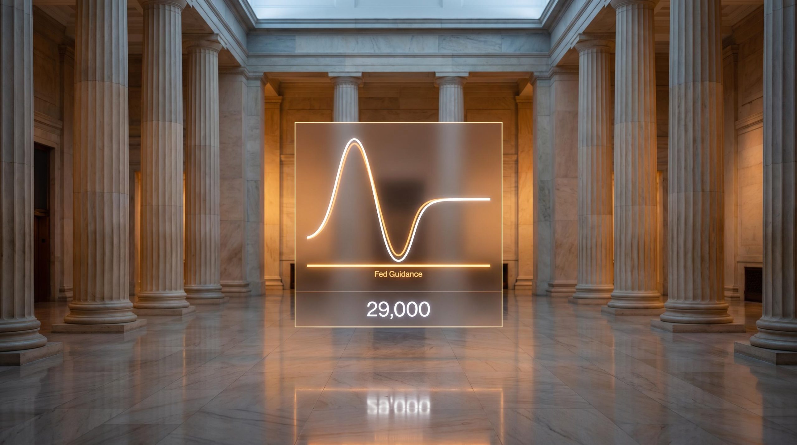 Fed guidance floor concept: a probability curve crashes on "29,000" jobs data then snaps back in a marble Fed-style hall