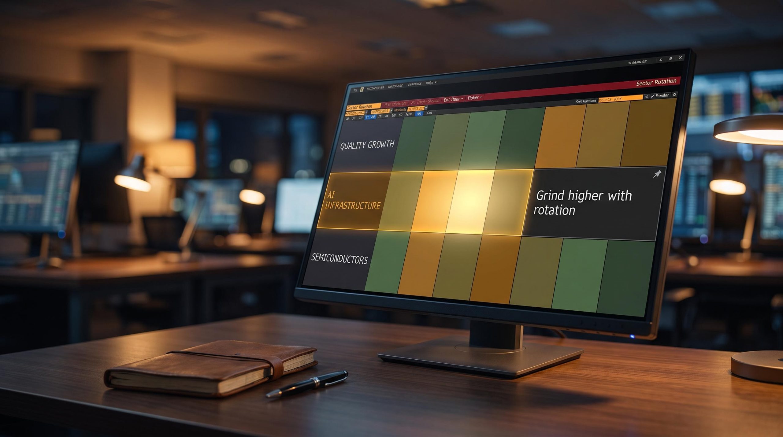 JPMorgan equity outlook screen showing sector rotation heatmap with 'Grind higher with rotation' strategist note