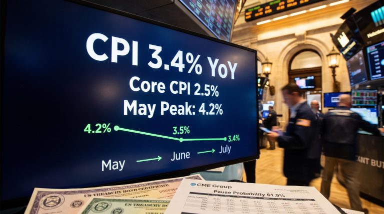 July 2026 CPI report data on trading floor terminal showing 3.4% headline as Fed pause odds rise to 61.9%