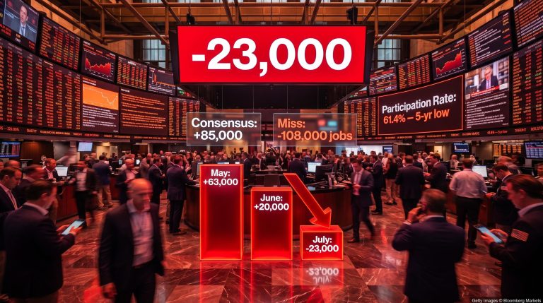 US trading floor showing July 2026 jobs report -23,000 payrolls miss against 85,000 consensus forecast