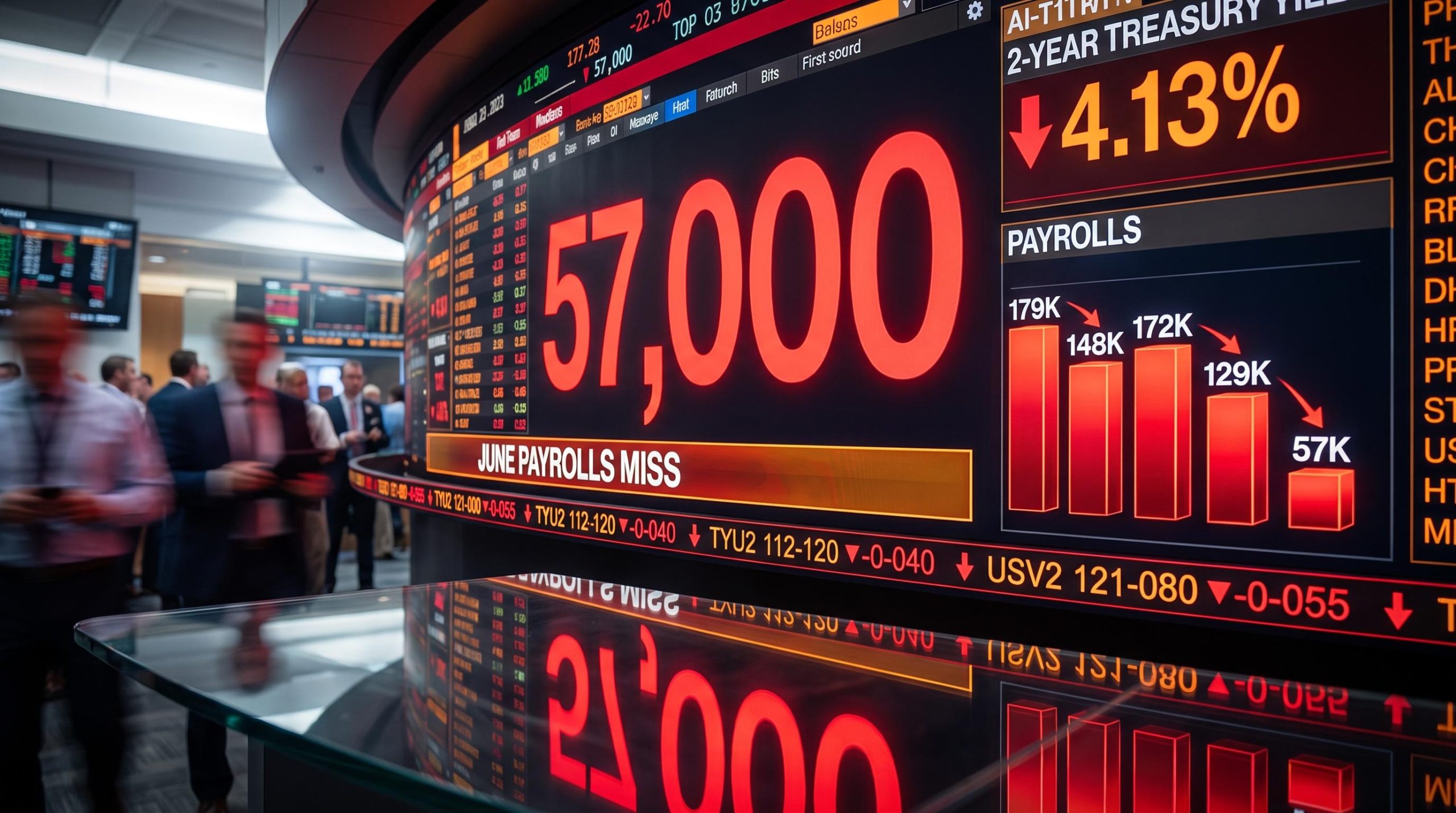 Trading terminal showing June payrolls shock of 57,000 with 2-year Treasury yield at 4.13% ahead of July 2026 jobs report
