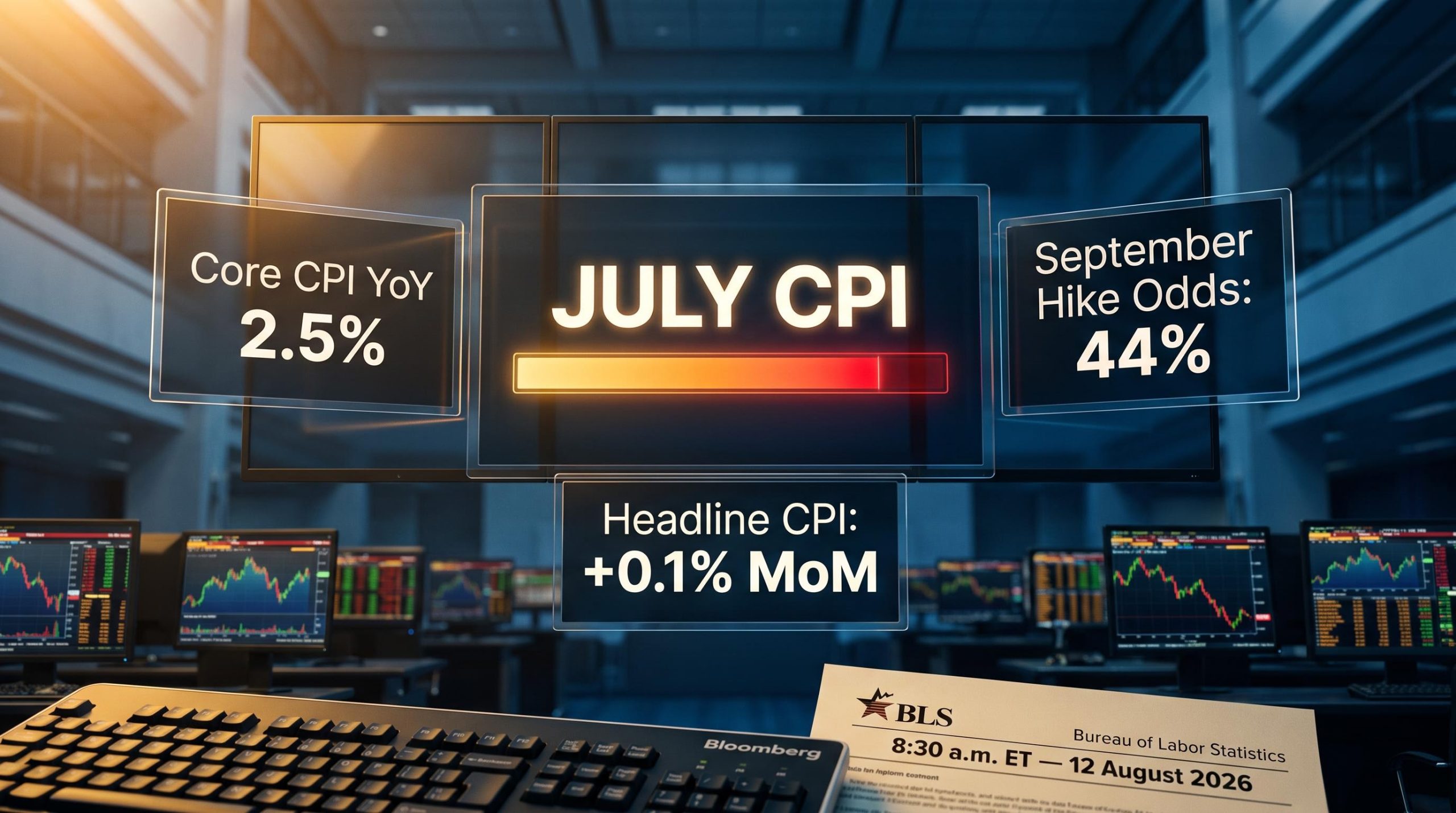July CPI report screen showing 44% September hike odds and core inflation data at 2.5% on a trading floor display