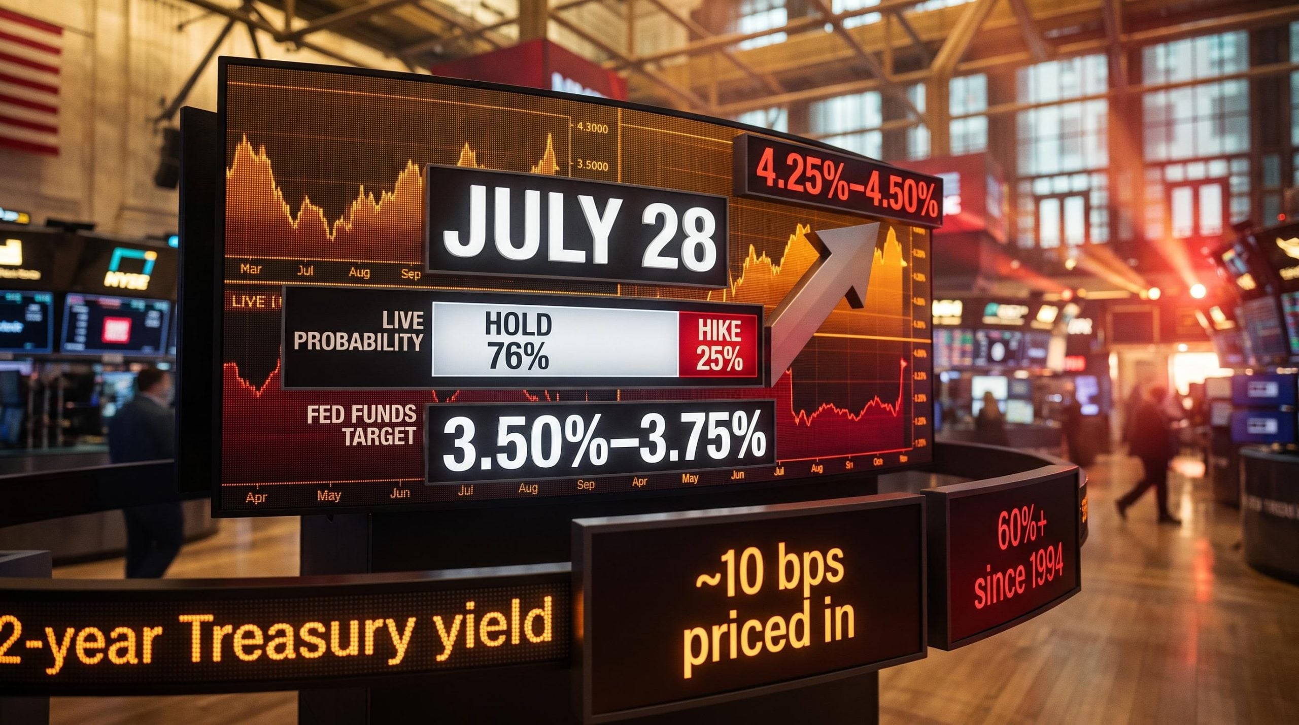 Federal Reserve July rate decision screens show 25% hike odds vs 60% historical threshold, year-end target 4.25%-4.50%