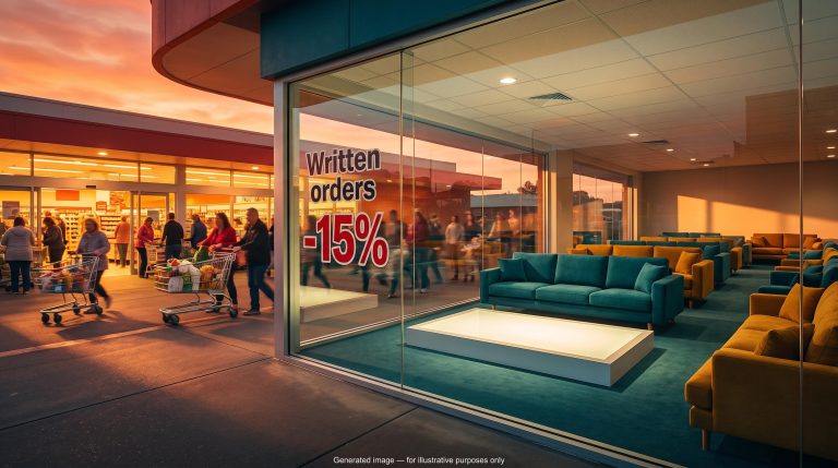 Empty furniture showroom with "Written orders -15%" sign opposite a busy supermarket, showing the K-shaped consumer Australia