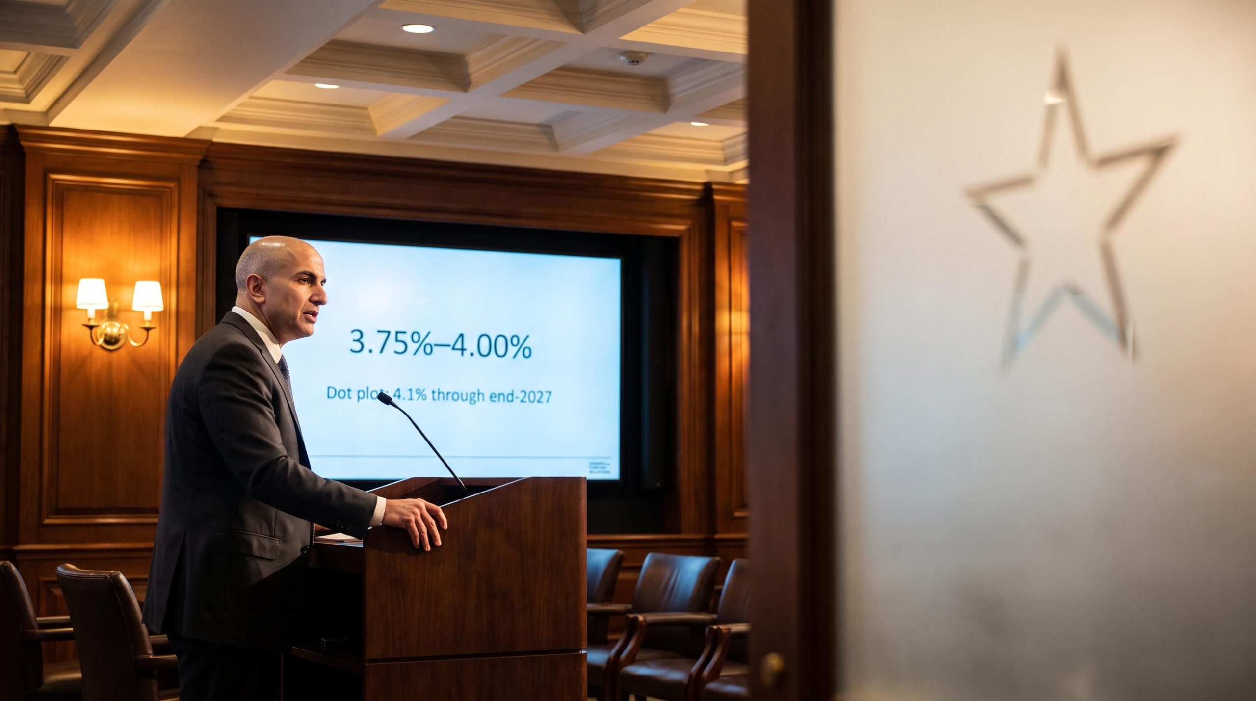 Neel Kashkari at CFR podium with Fed rate forecast 3.75%–4.00% on screen behind him