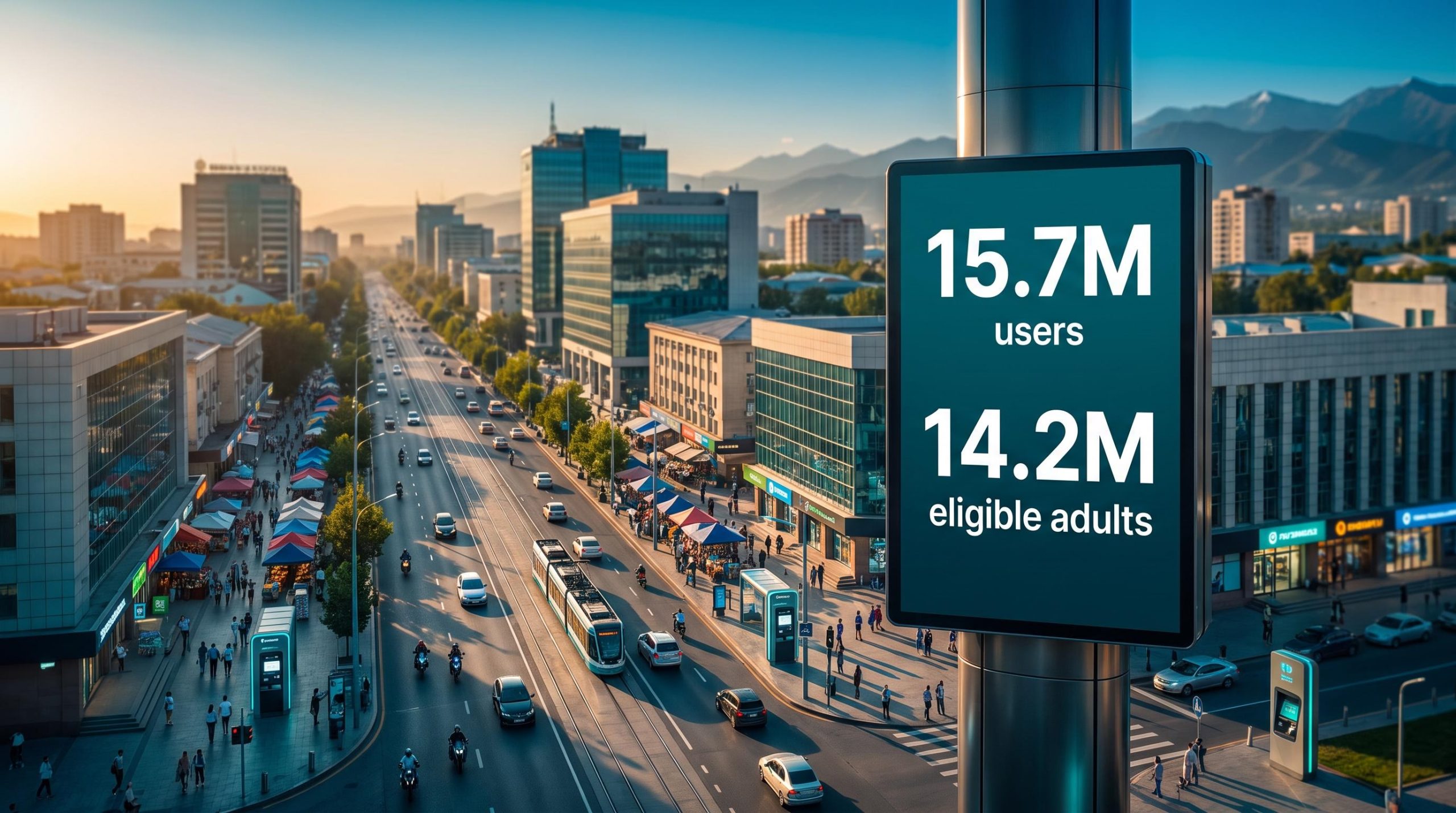 Almaty digital screen showing Kaspi user ceiling data — 15.7M users vs 14.2M eligible adults in Kazakhstan
