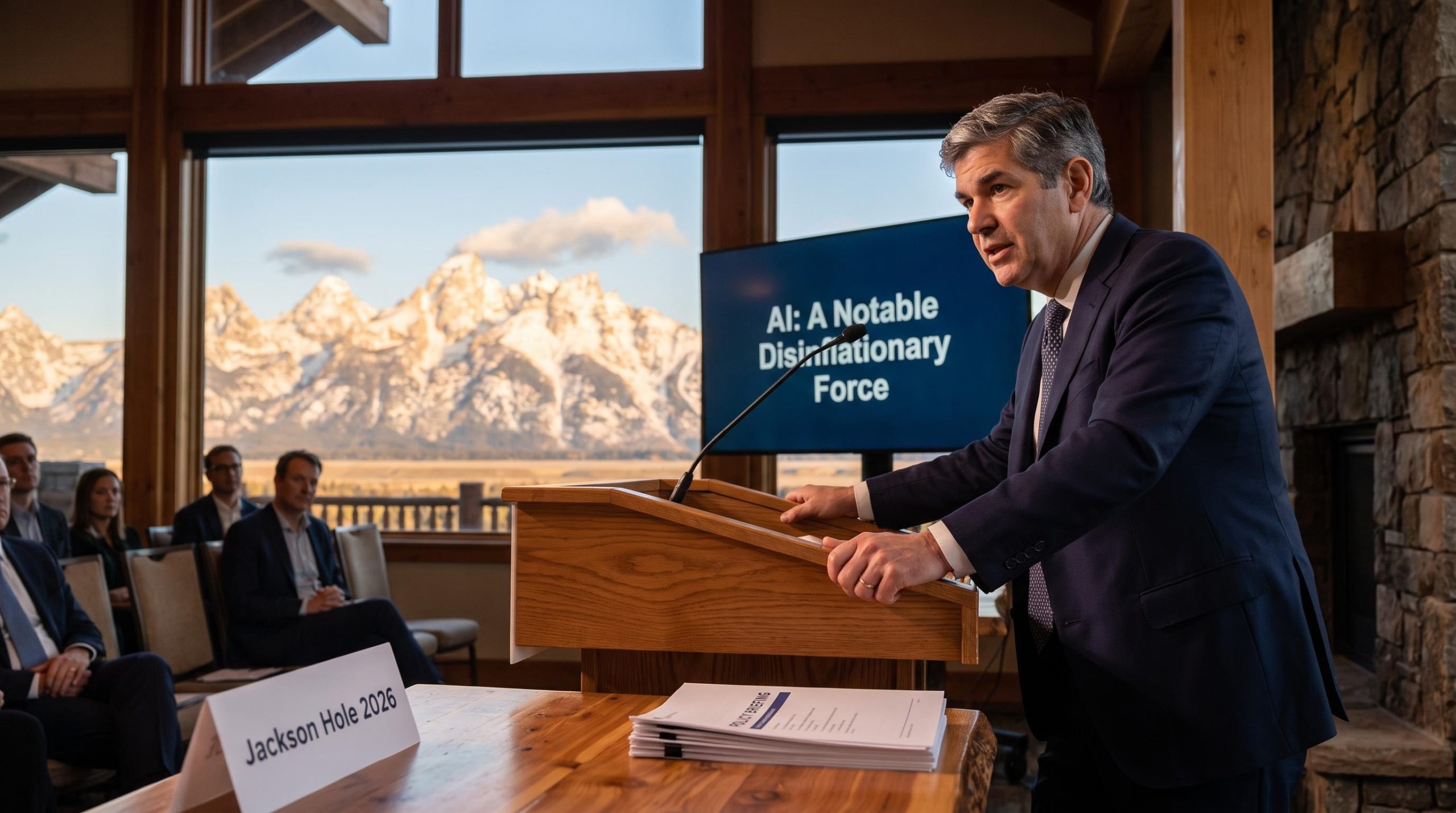 Kevin Warsh at Jackson Hole 2026 podium arguing AI productivity supports lower Fed rates