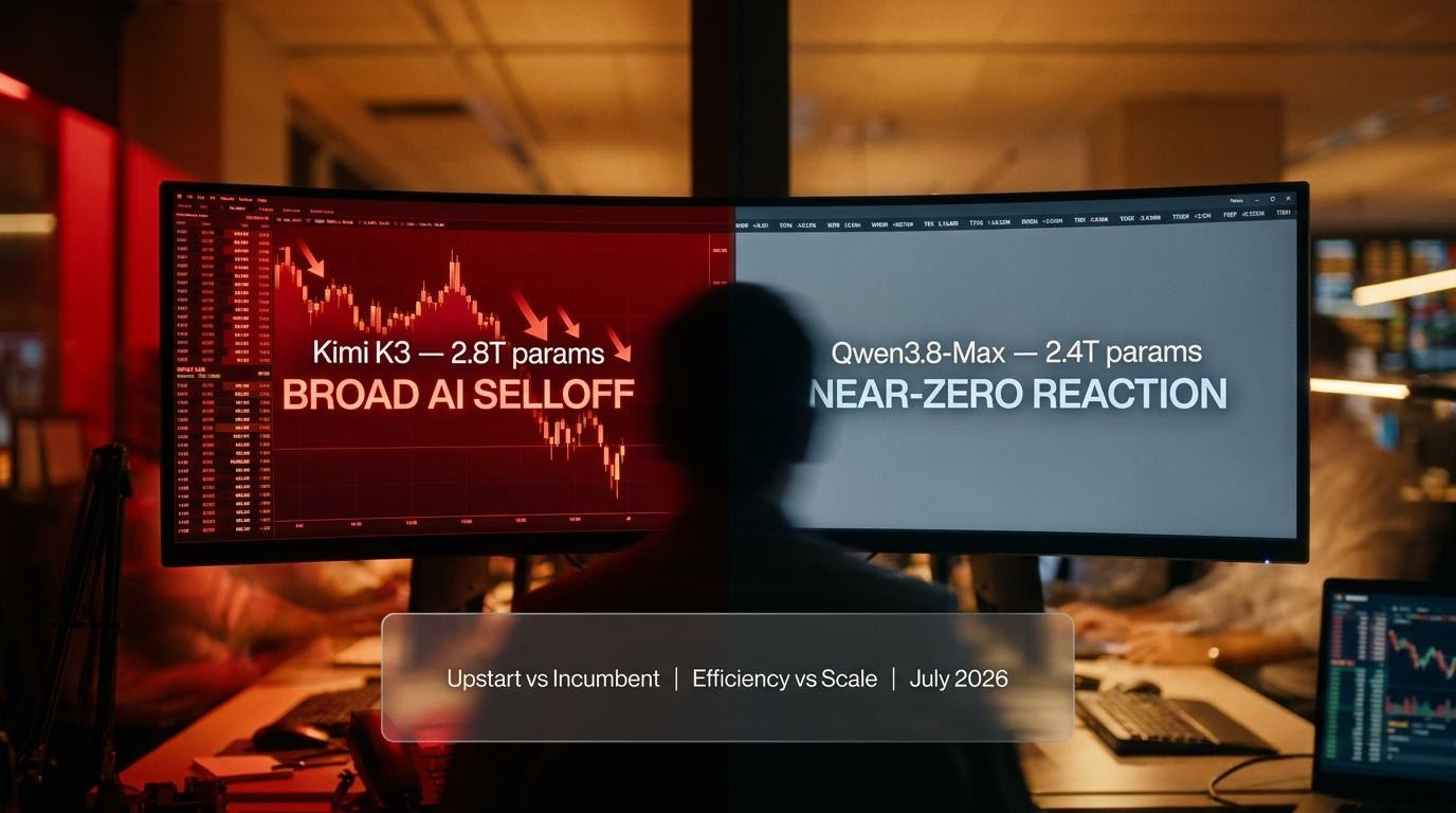 Split trading screen shows Kimi K3 AI selloff vs Qwen3.8-Max flat reaction — July 2026 market impact divergence