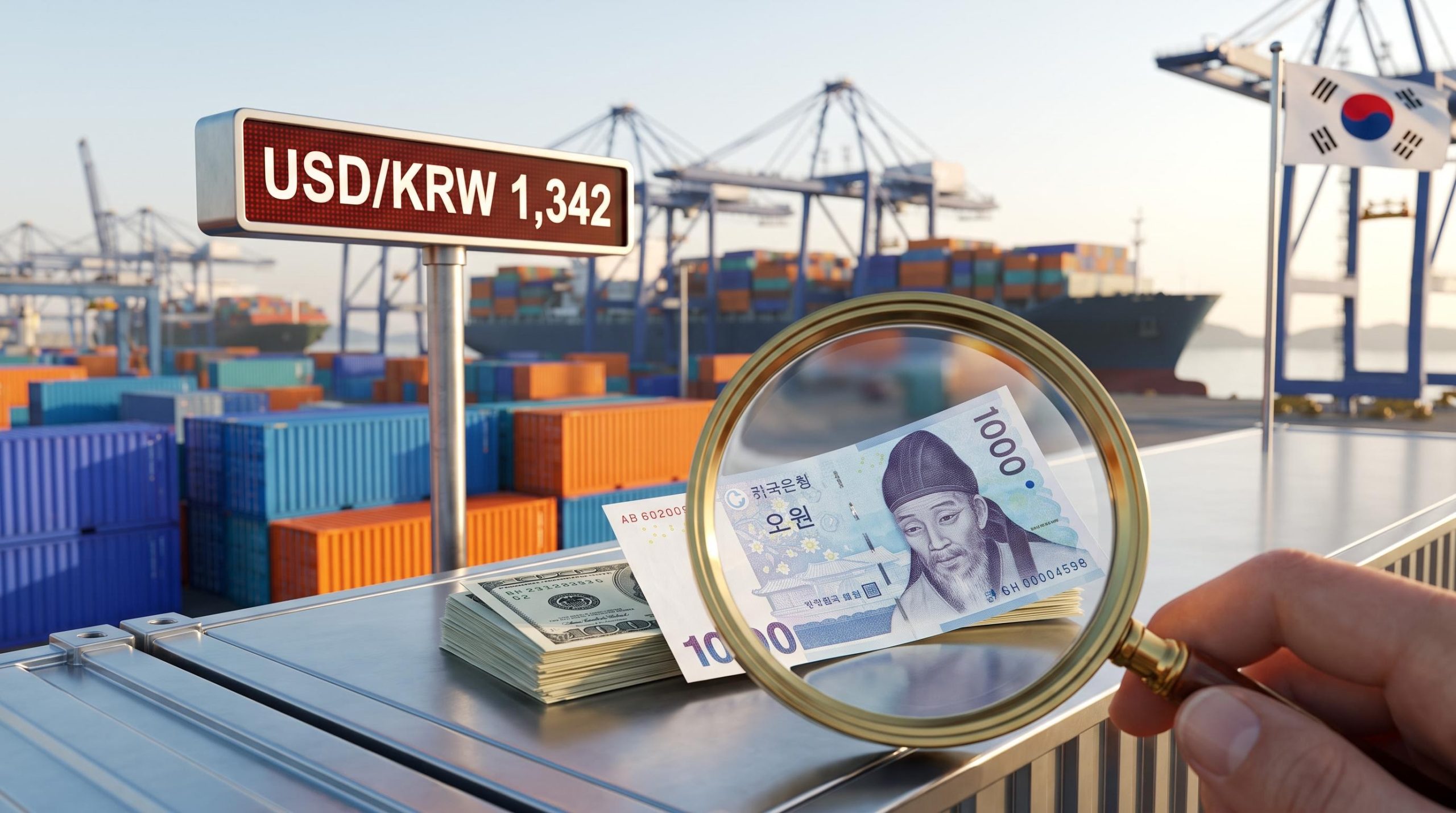 Magnifying glass over a Korean won banknote at a container port, with USD/KRW 1,342 sign, framing the Korean won outlook