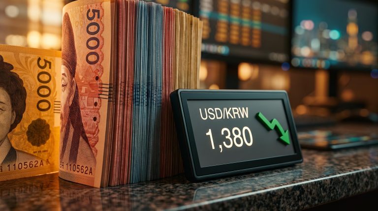 Korean won banknotes stacked against a terminal showing USD/KRW 1,380 as Samsung and SK Hynix buybacks drive KRW strength