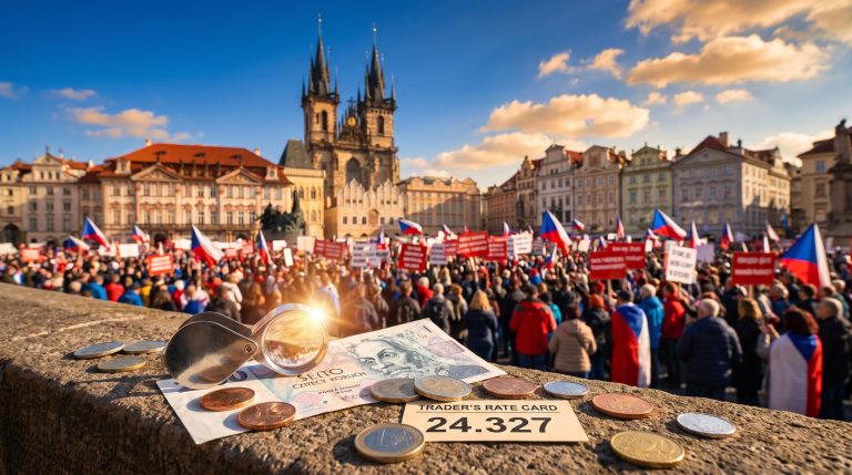 Czech koruna banknote and loupe before Prague protesters, illustrating the koruna risk premium and EUR/CZK at 24.327