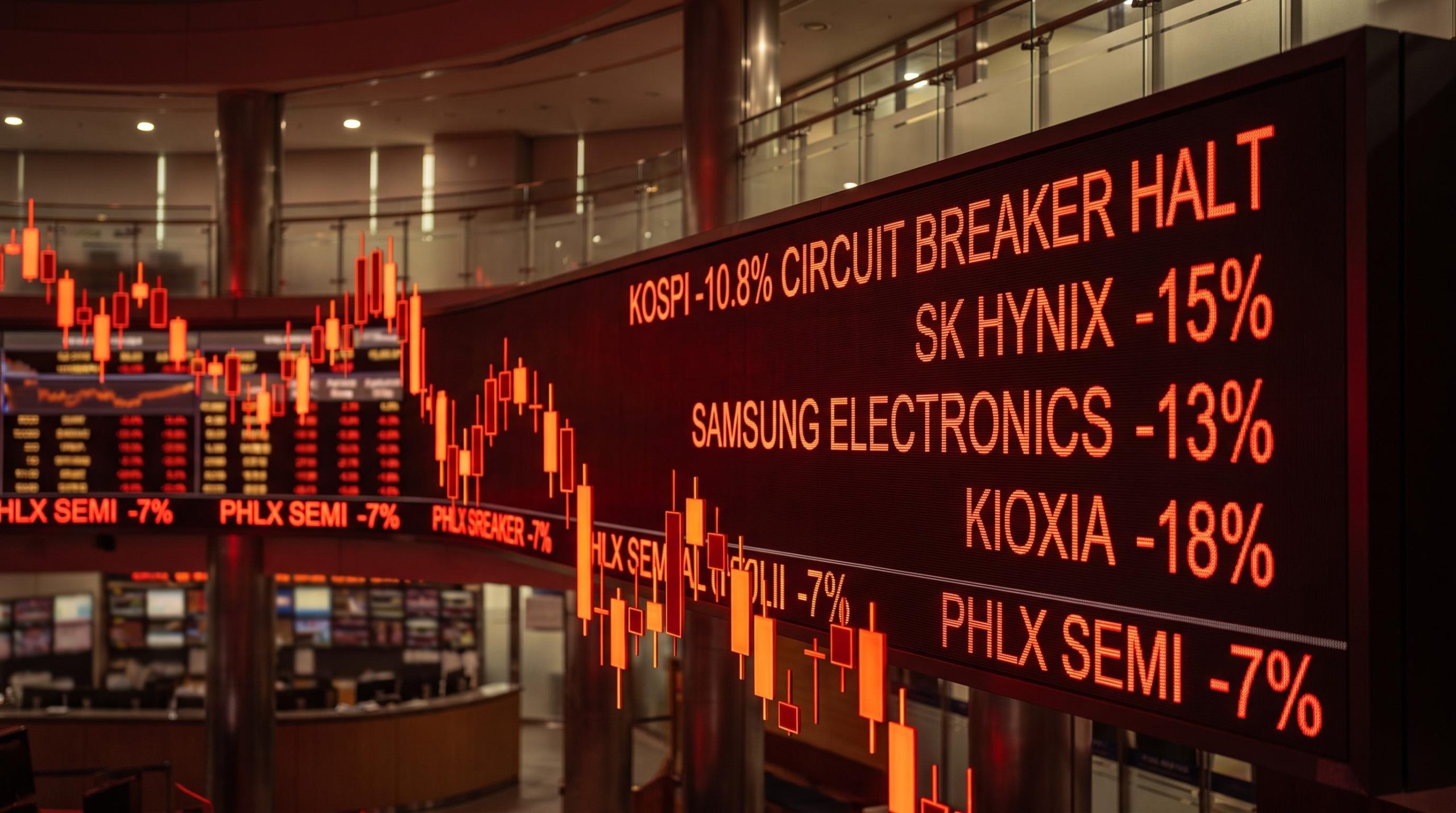 Kospi circuit breaker halt display showing -10.8% index crash, SK Hynix -15% during global semiconductor selloff
