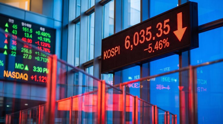 Seoul stock board showing KOSPI 6,035.35 and -5.46% as the AI stocks rotation hits Korean chipmakers