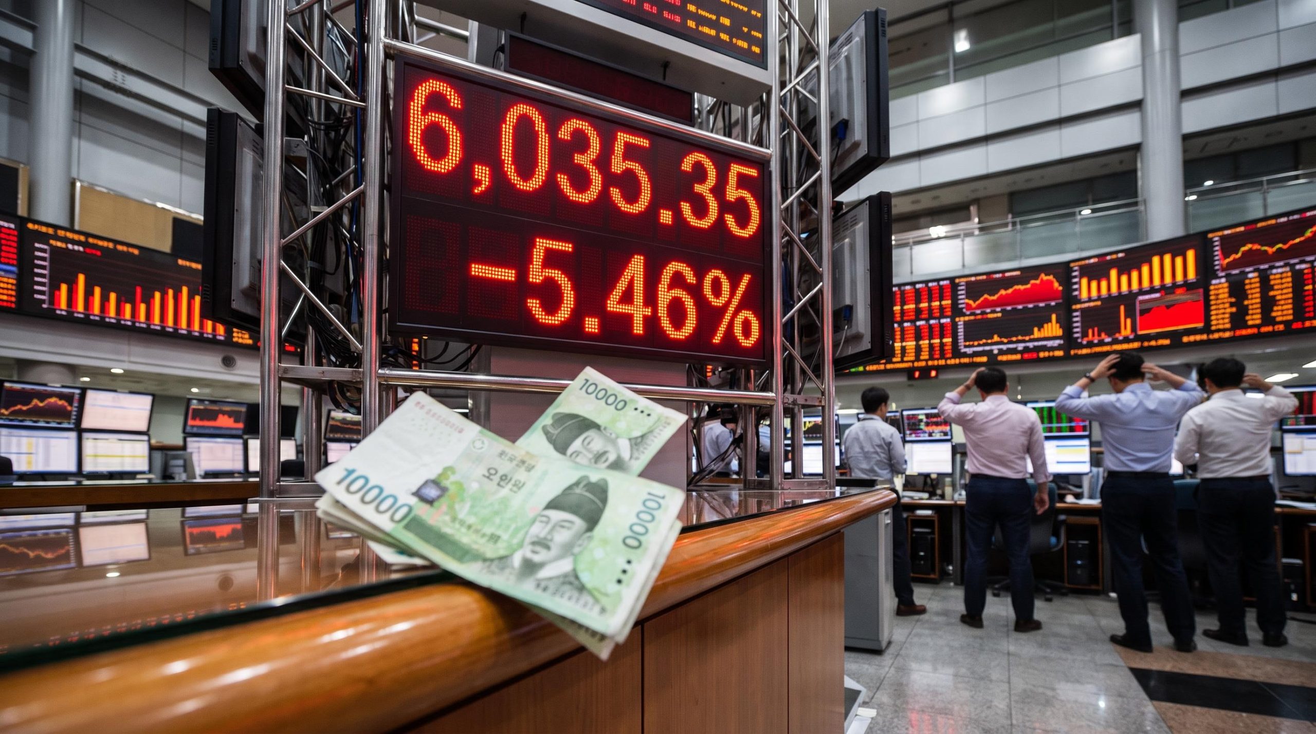 KOSPI selloff shown on a red Korea Exchange board reading 6,035.35 with Korean won notes sliding in the foreground