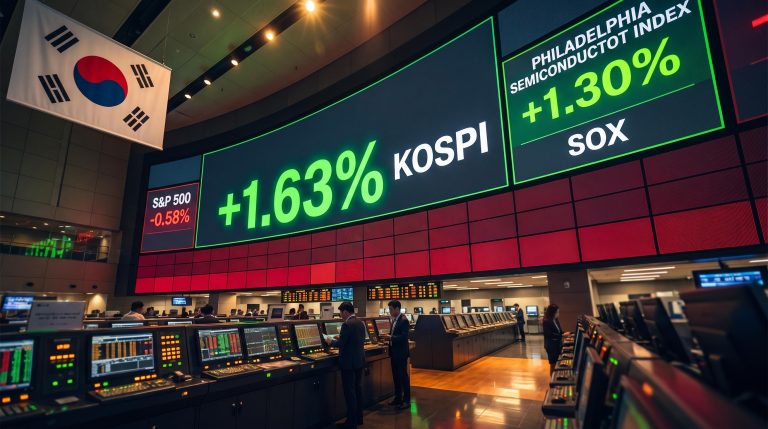 Seoul trading floor KOSPI +1.63% display board with SOX semiconductor index gain amid broad S&P 500 decline