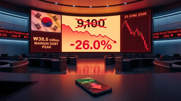 KOSPI trading hall screens showing -26.0% crash and ₩38.5 trillion margin debt peak illustrating speculative bubble mechanics
