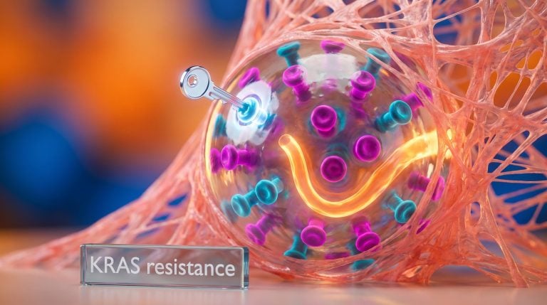 Surreal macro of a tumour cell with blocked receptor and bypass signal, illustrating KRAS resistance in pancreatic cancer